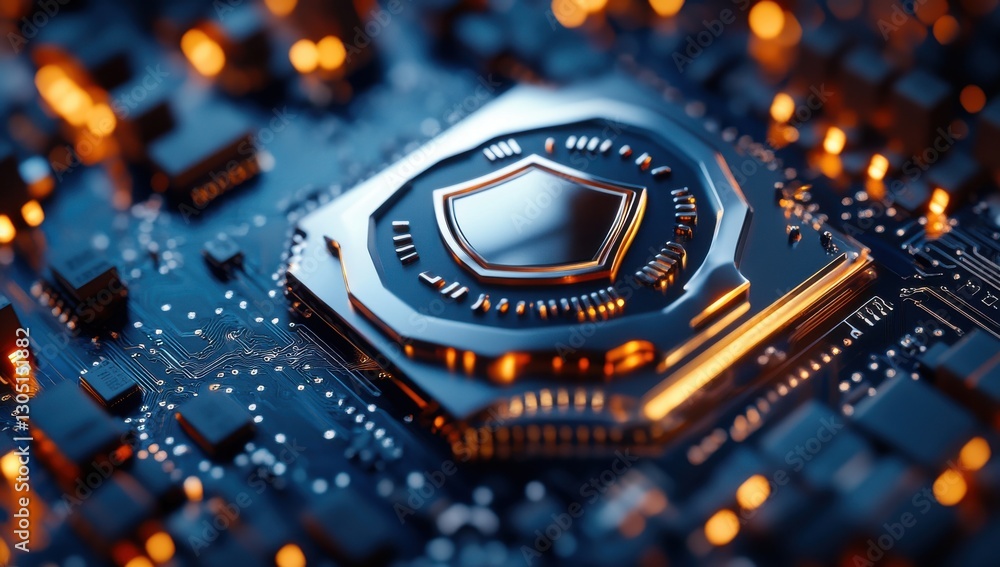 Aufkleber close-up view of a circuit board featuring a shield symbol, representing cybersecurity and data prot