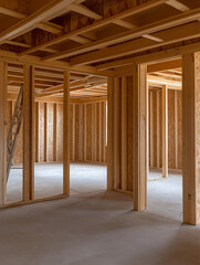 Interior view of a house under construction, showcasing the wooden frame and concrete floor.