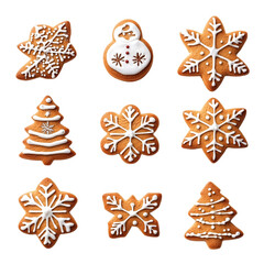 Delicious homemade gingerbread cookies, a sweet holiday star and tree set isolated on transparent background