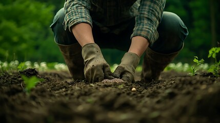 Fototapeta premium Farmer planting potatoes in field
