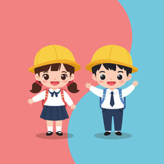 Children Wearing Uniforms Ready for School with Backpacks and Hats