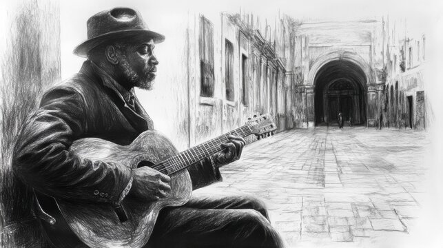 Bluesman Plays Guitar in European Archway.