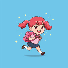 Girl Running with Backpack Cartoon Illustration School Child Excitement