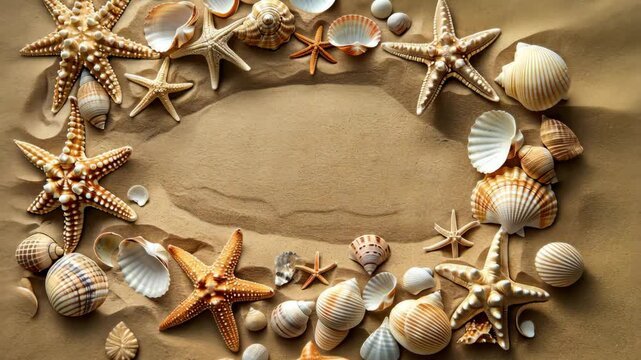 Sea Shells frame on a sandy background. Space for text