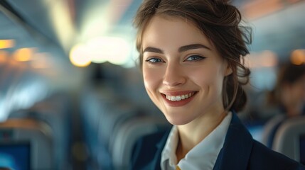 Naklejka premium Smiling flight attendant shares joy and positivity during a vibrant flight experience