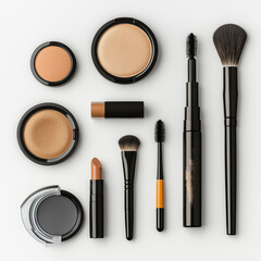 Makeup products arranged on a white background.