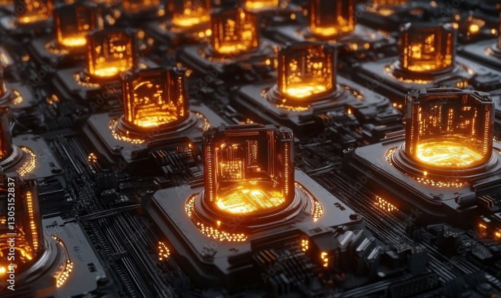 Poster glowing processors on a circuit board, futuristic computing