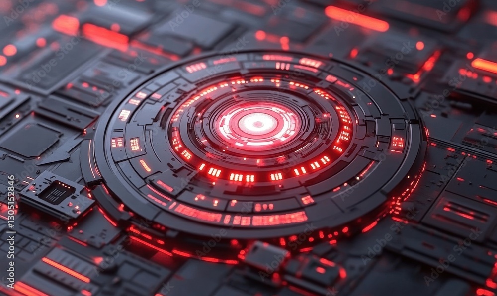 Poster glowing red circular tech on circuit board, data processing