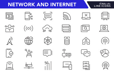 Network and Internet line icon set. Smart home, control, system, technology, alarm, surveillance, lock, computer, wifi, communication line icon set. UI thin line icon pack.