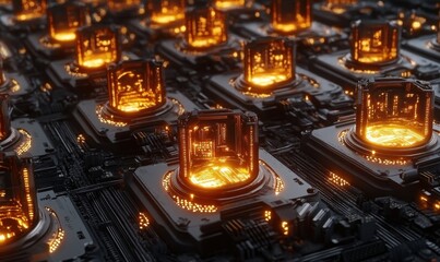 Glowing processors on a circuit board, futuristic computing