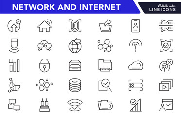 Network and Internet line icon set. Smart home, control, system, technology, alarm, surveillance, lock, computer, wifi, communication line icon set. UI thin line icon pack.