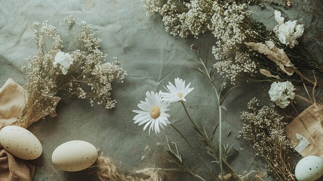 The soft background is decorated with wildflowers and Easter eggs, surrounded by white flowers and beige fabric, with two small daisies in the upper left corner as natural elements.