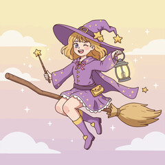 Cartoon Witch Flying on Broomstick with Lantern in the Sky