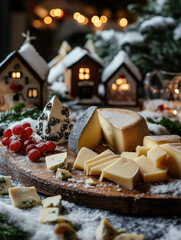 A delicious cheese board with festive miniature houses in the background.