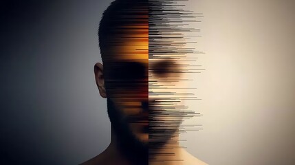 Abstract portrait blending human features with digital elements, showcasing a transformation effect