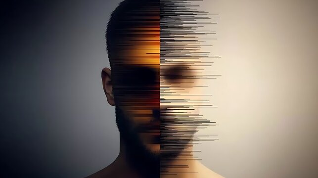 Abstract portrait blending human features with digital elements, showcasing a transformation effect