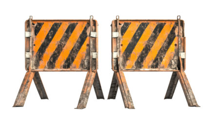 Rusty traffic barriers with diagonal stripes blocking restricted zone access, isolated on transparent background