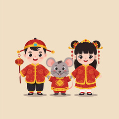 Celebrating Lunar New Year Cartoon with Boy Girl and Mouse