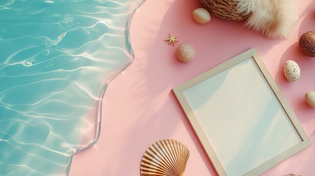 The blank photo frame is located on the right side of the soft pink Easter themed background, adorned with delicate flowers and small Easter eggs. Taken from above, it showcases a minimalist style.