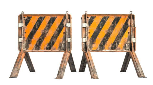 Rusty traffic barriers with diagonal stripes blocking restricted zone access, isolated on transparent background - Powered by Adobe