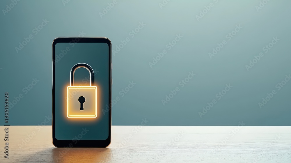 Poster protect prevention policy concept. smartphone displaying a lock symbol on a table background.