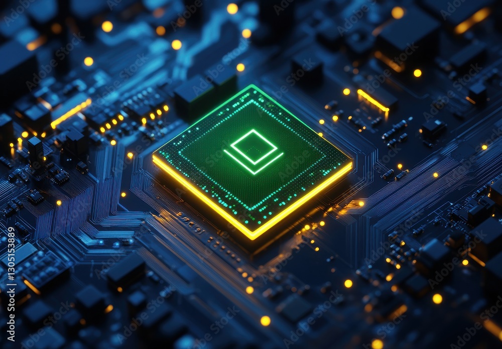 Poster close-up view of a futuristic computer chip illuminated with green and orange lights on a dark circu