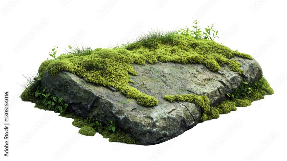 Poster photorealistic 3d moss-covered rock rendering, transparent background, ideal for compositing and gra