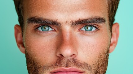 Obraz premium Close Up Portrait of Young Man with Sand on Face Against Teal Background