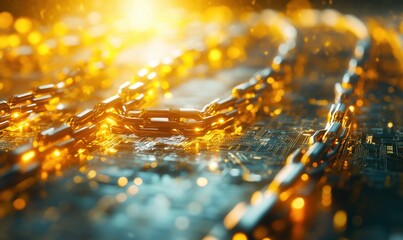Gold chain on circuit board, data security concept