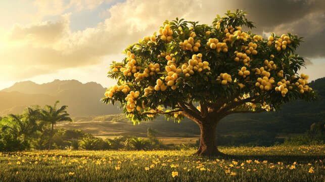 Lush Mango Tree Sunrise Landscape