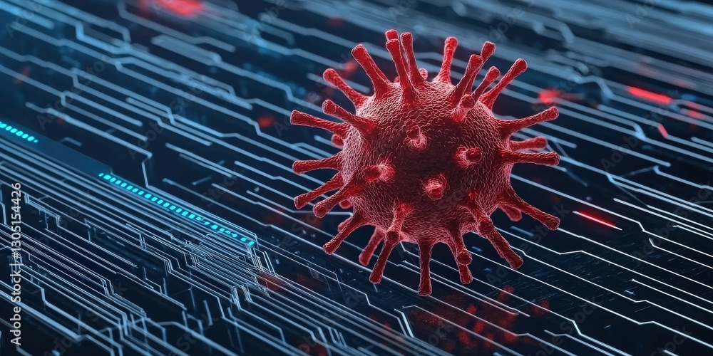 Poster protect prevention policy concept. digital representation of a virus on a circuit-like background.