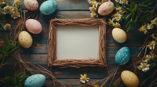 Easter themed background, showcasing an empty wooden frame surrounded by vibrant decorations such as colorful eggs and flowers, taken from a top-down perspective.