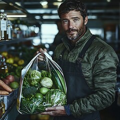 Fototapeta premium Farmer holding produce bag in market
