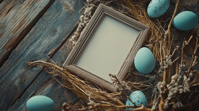 Easter themed background, showcasing an empty wooden frame surrounded by vibrant decorations such as colorful eggs and flowers, taken from a top-down perspective.