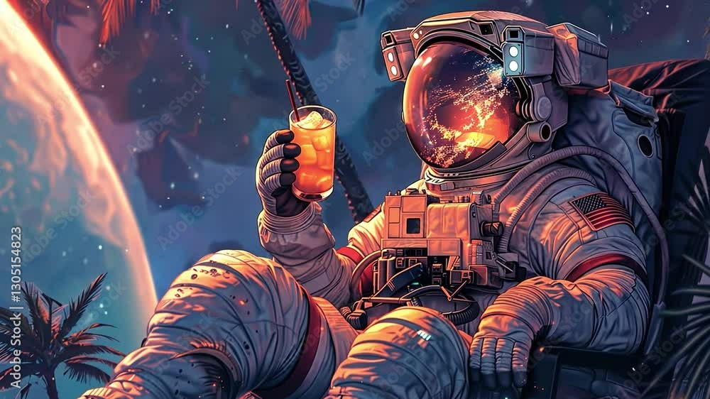 Poster this astronaut relaxes with a drink while observing earth from a futuristic hotel in space.