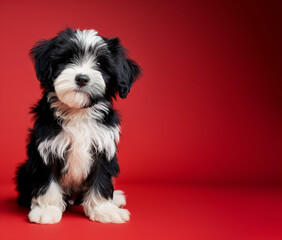 Tibetan Terrier dog on minimalistic colorful background with Copy Space. Perfect for banners, veterinary ads, pet food promotions, and minimalist designs.