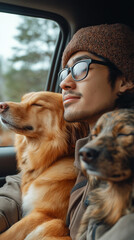 Man and his furry friends enjoying a peaceful car ride.