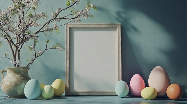 Easter themed background, showcasing an empty wooden frame surrounded by vibrant decorations such as colorful eggs and flowers.
