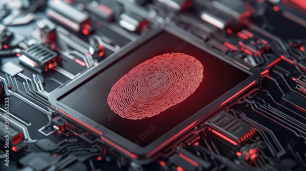 Poster protect prevention policy concept. digital fingerprint on a circuit board with red lighting effects.