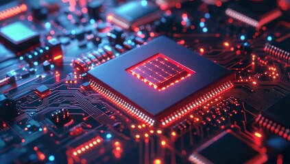 Obraz premium Close-Up View of a Futuristic Microprocessor on a Circuit Board with Glowing LEDs and Detailed Electronic Components in a Technology Setting