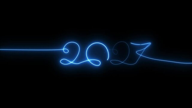 Glowing neon line Happy New Year 2027 continuous line drawing party celebration concept, One line drawing neon 2027 coming soon concept on black background