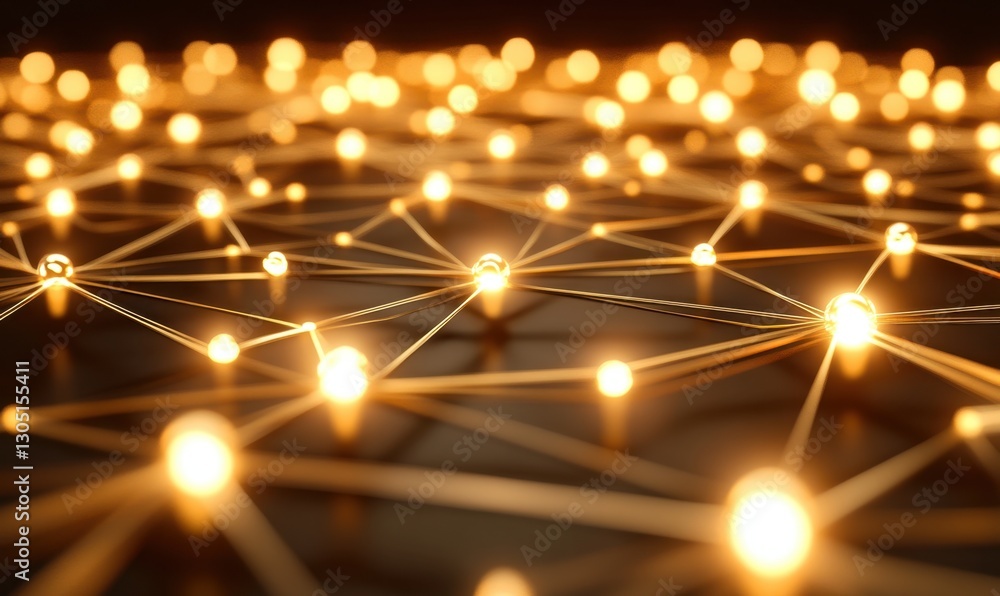 Poster golden network nodes connecting, data flow, dark background, tech visualization