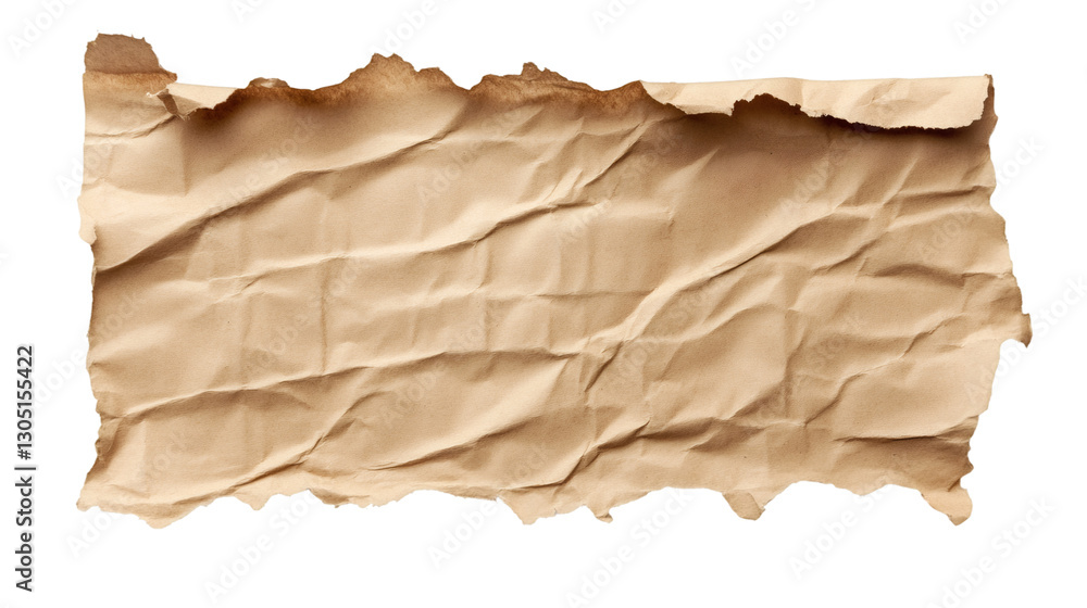 Poster sheet of crumpled brown wrapping paper with burnt edges, isolated on transparent background, ideal f