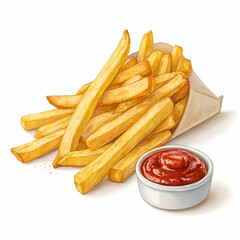 French fries with ketchup on a transparent background.