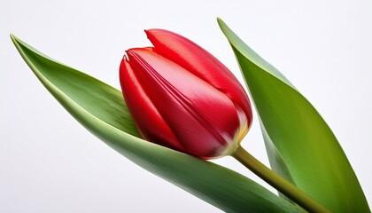 Fototapeta premium one bright colorful red bud tulips close up with green leaves on a white isolated background