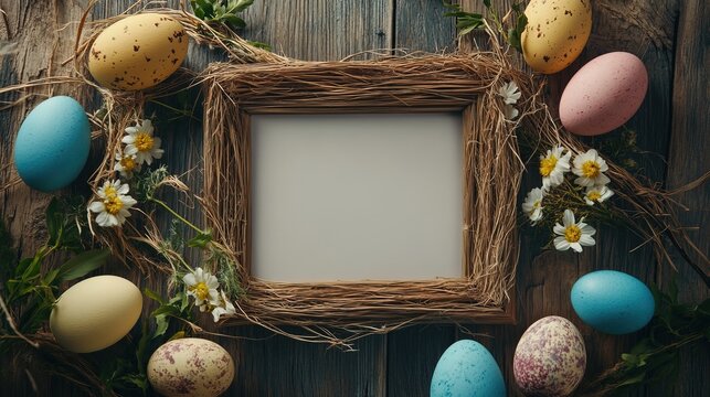 Easter themed background, showcasing an empty wooden frame surrounded by vibrant decorations such as colorful eggs and flowers, taken from a top-down perspective.
