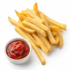 French fries with ketchup on a transparent background.