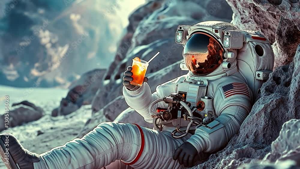 Aufkleber This astronaut enjoys a refreshing drink while resting on a rocky surface in space.
