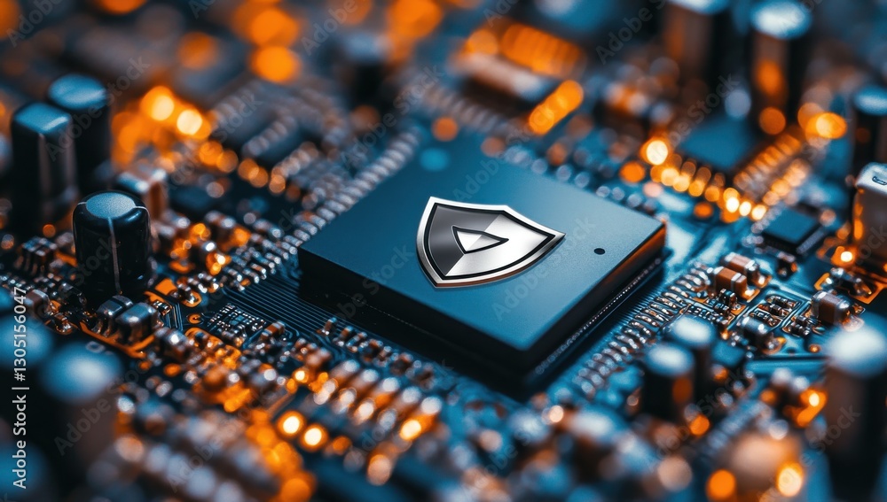Aufkleber close-up view of a microchip with shield symbol on a high-tech circuit board with orange and blue li