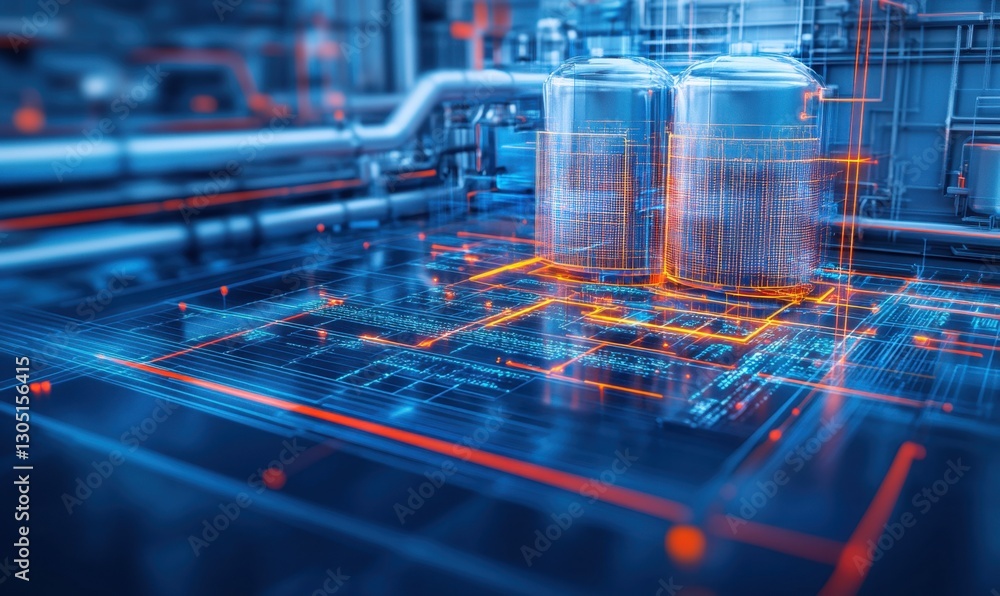 Poster industrial factory tanks with digital overlay showing blueprints and data flow